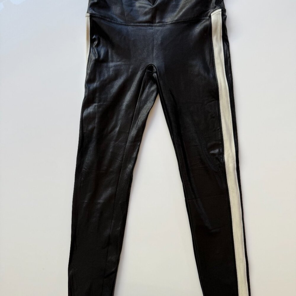 Spanx Faux Leather Side Stripe Black Leggings - L